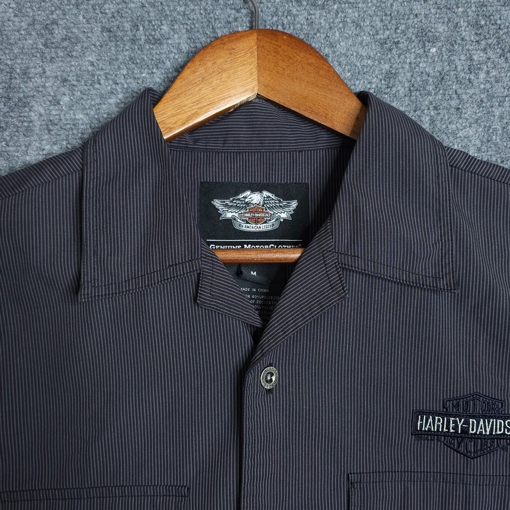 Harley Davidson Button Up Shirt Mens Medium Black Pinstripe Embroidered Logo - Picture 3 of 9